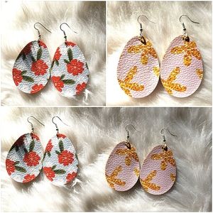 2 Pair Spring Teardrop Earrings Petal Drop Flower Dangle Leather